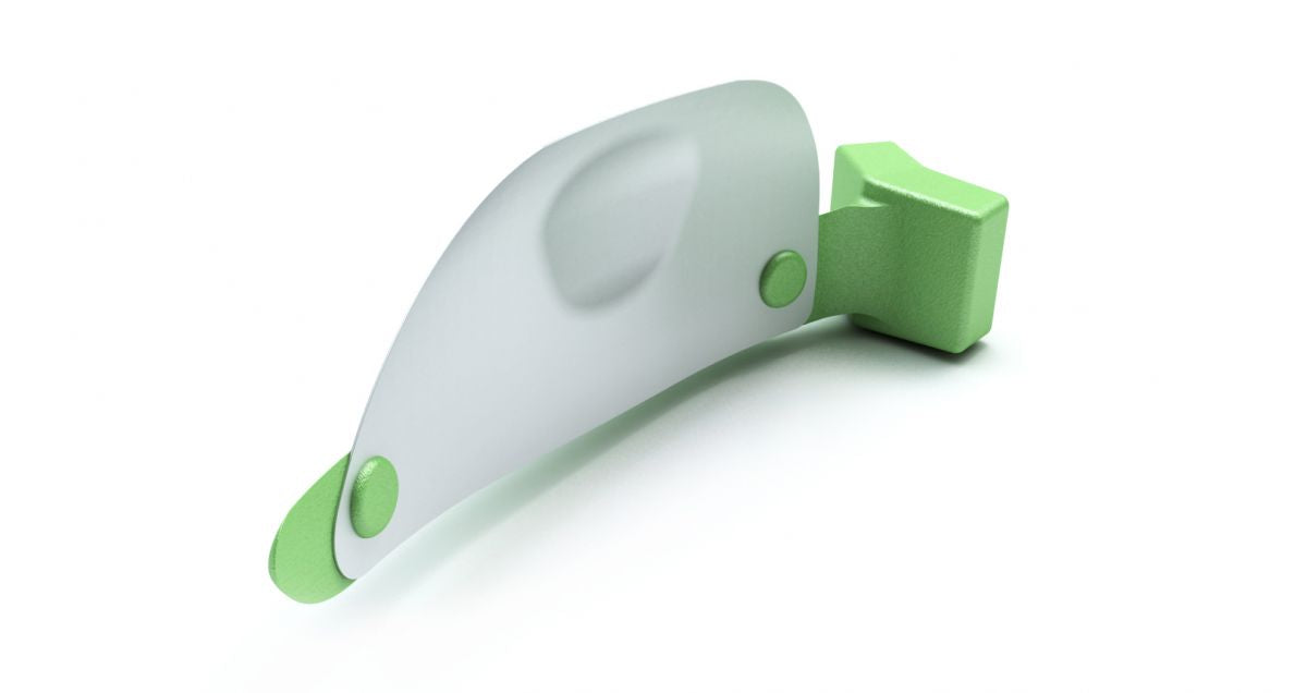 Linke schmale hellgrüne FenderMate®-Klammer, Detailansicht des Produkts.