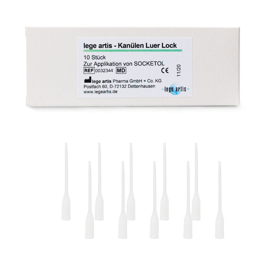 Packung mit 10 lege artis-Kanülen Luer Lock für Zahnbehandlungen.