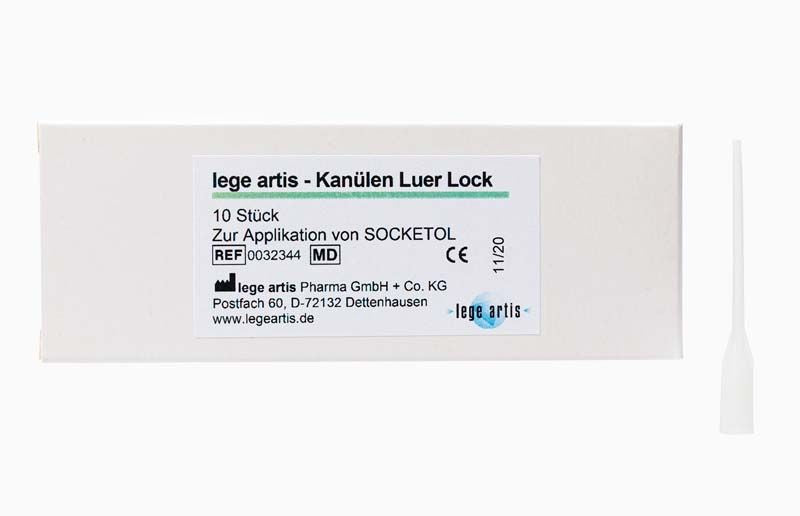 Packung mit 10 lege artis-Kanülen Luer Lock für Socketol-Anwendung.