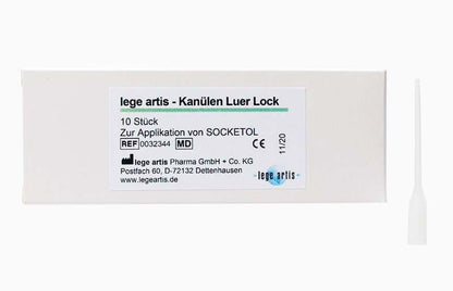 Packung mit 10 lege artis-Kanülen Luer Lock für Socketol-Anwendung.