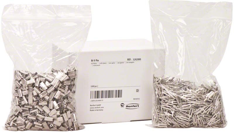 Bi-V-Pins mit Metallhülse in zwei Beuteln vor Verpackung.