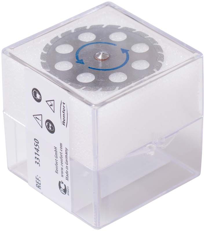 Transparente Verpackung mit diamantierter Zahnkranztrennscheibe für den dentalen Einsatz.