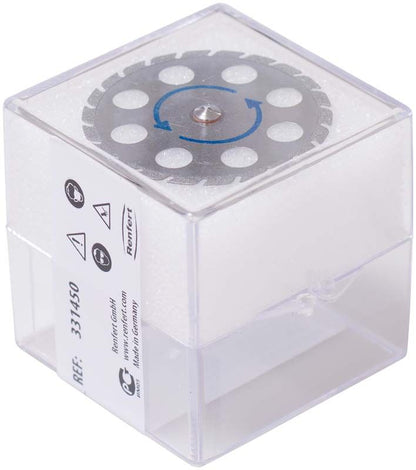 Transparente Verpackung mit diamantierter Zahnkranztrennscheibe für den dentalen Einsatz.
