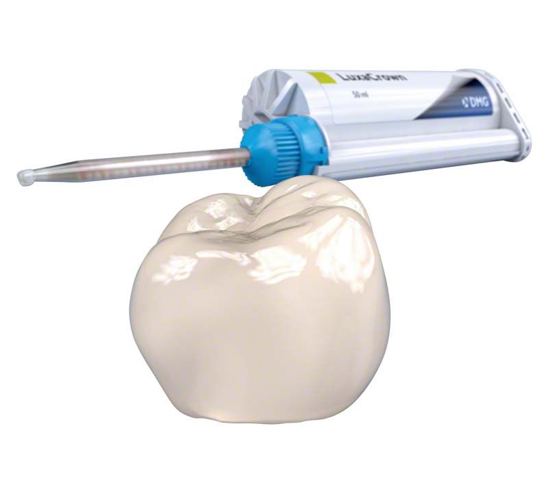 LuxaCrown A1 Kartusche und Zahnmodell für prothetische Anwendungen.