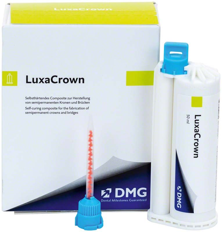 LuxaCrown A2 Kronenmaterial-Set mit Verpackung und Applikationsspritze.