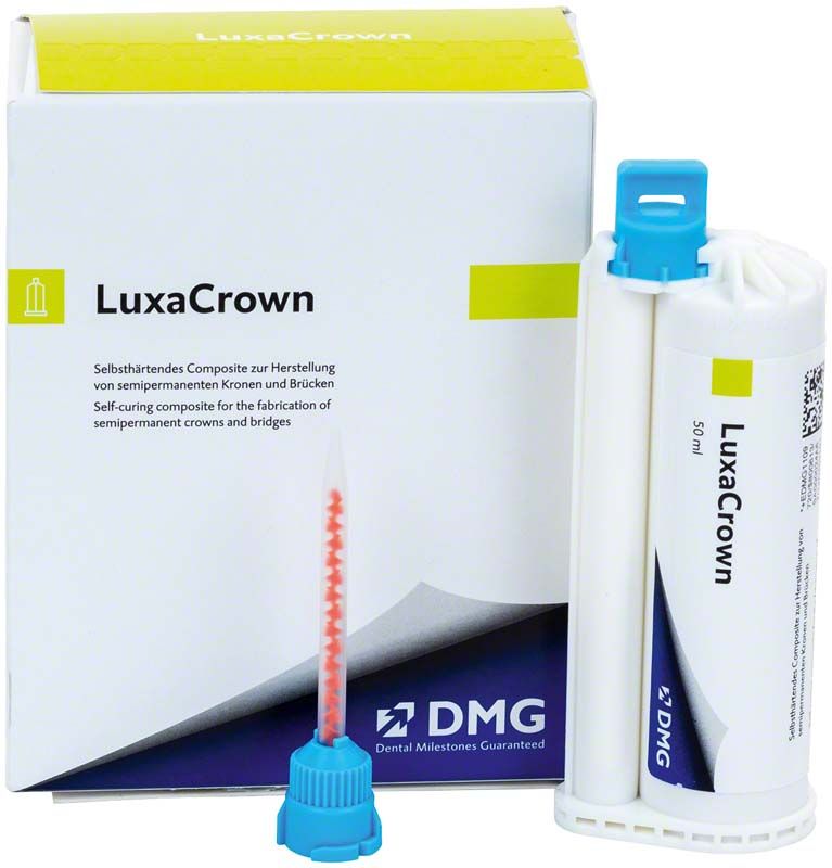 LuxaCrown A3 Verpackung mit Applikator und Kartusche auf weißem Hintergrund