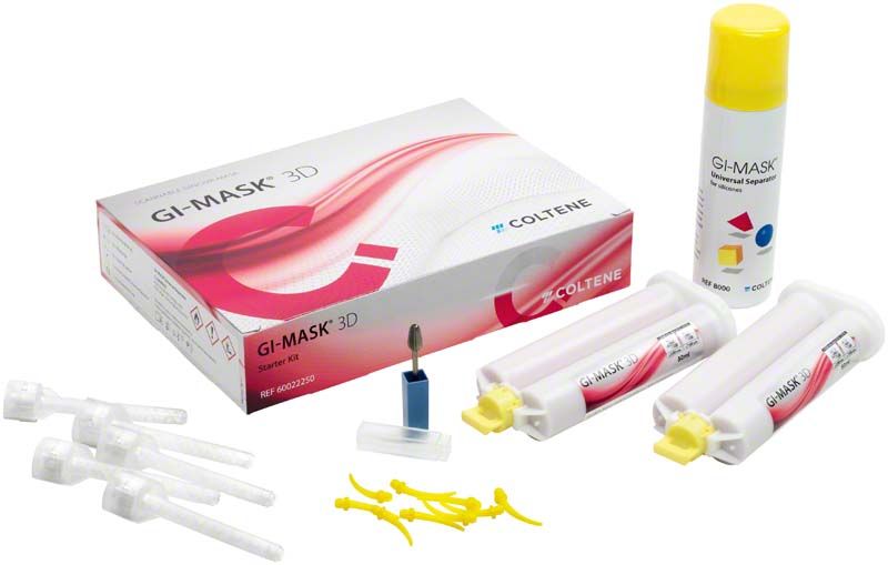 GI-MASK 3D Starterkit mit Kartuschen, Zubehör und Verpackung.