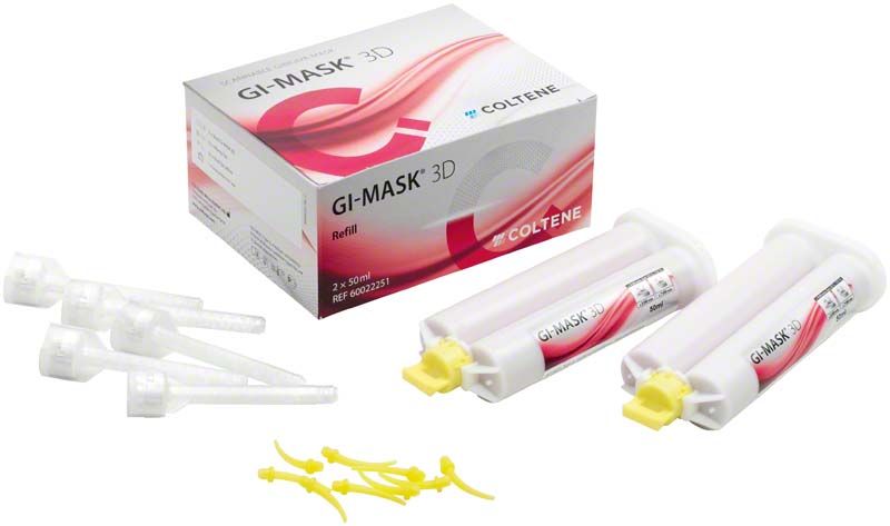 GI-MASK 3D Refill mit Kartuschen, Mischdüsen und Verpackung.