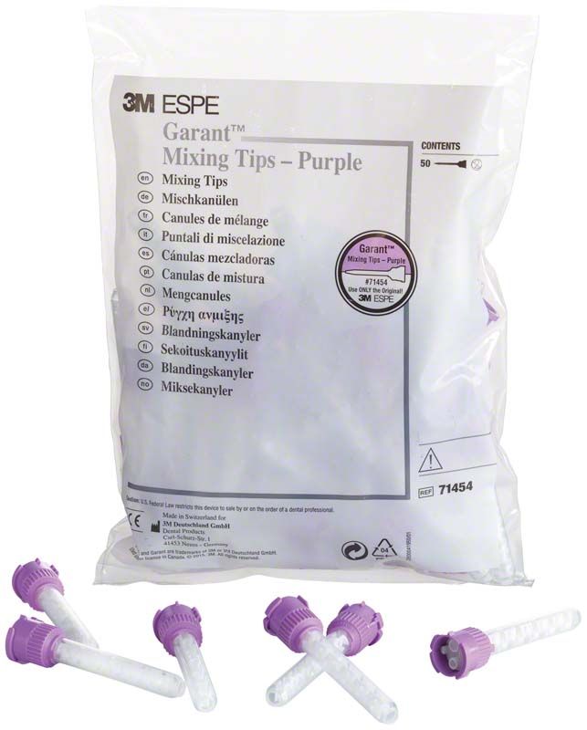 Garant™ Mischkanülen lila in geöffneter Verpackung mit sichtbaren Kanülen.