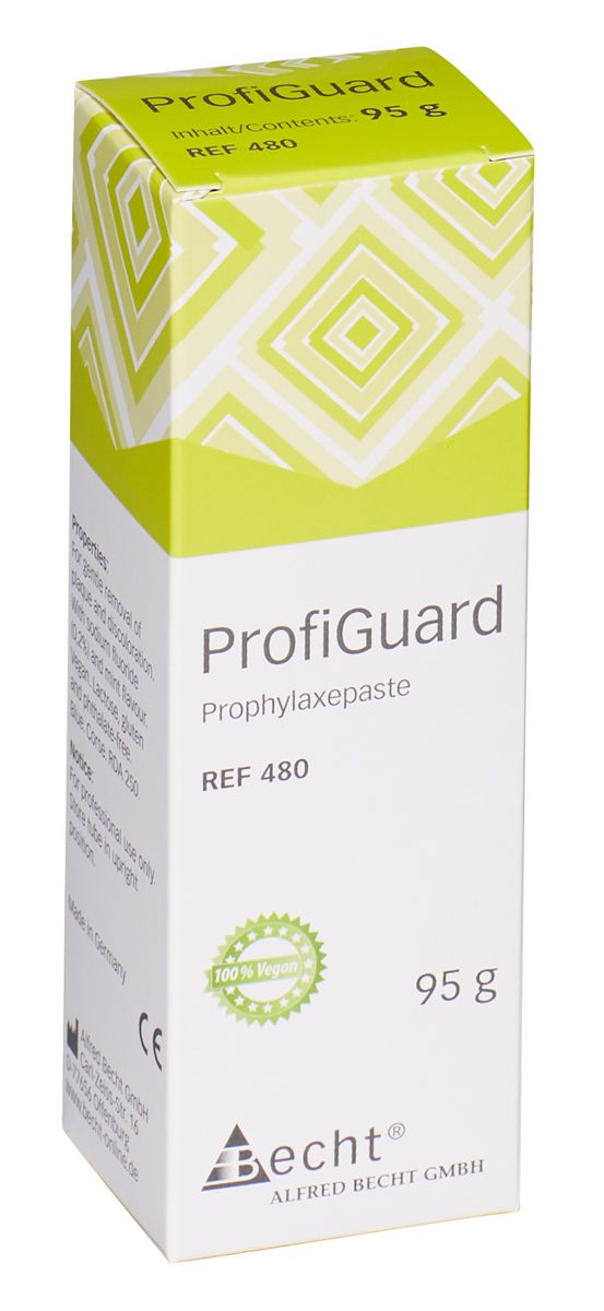 ProfiGuard Prophylaxepaste-Verpackung mit grün-weißem Design, 95 g.