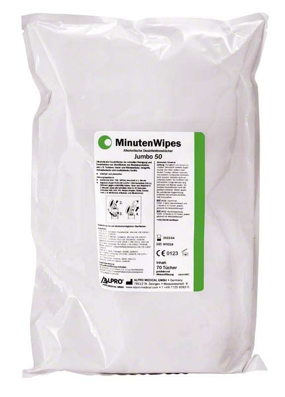 Alkoholische Feuchttücher MinutenWipes Jumbo 50 in weißer Verpackung.