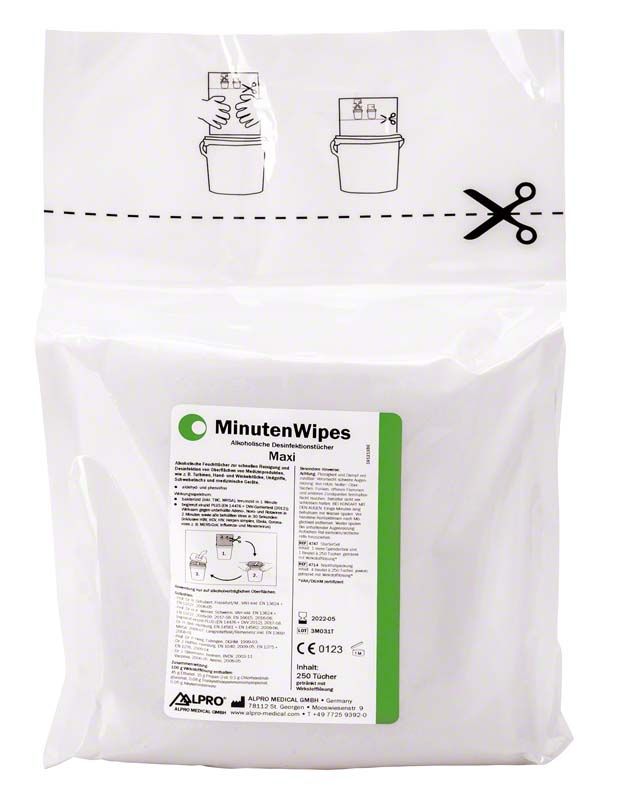 MinutenWipes Maxi Verpackung mit Desinfektionstüchern und Anwendungsanleitung.
