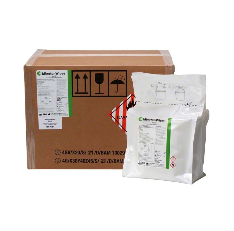 MinutenWipes Maxi Karton mit 4 Beuteln alkoholischer Desinfektionstücher.