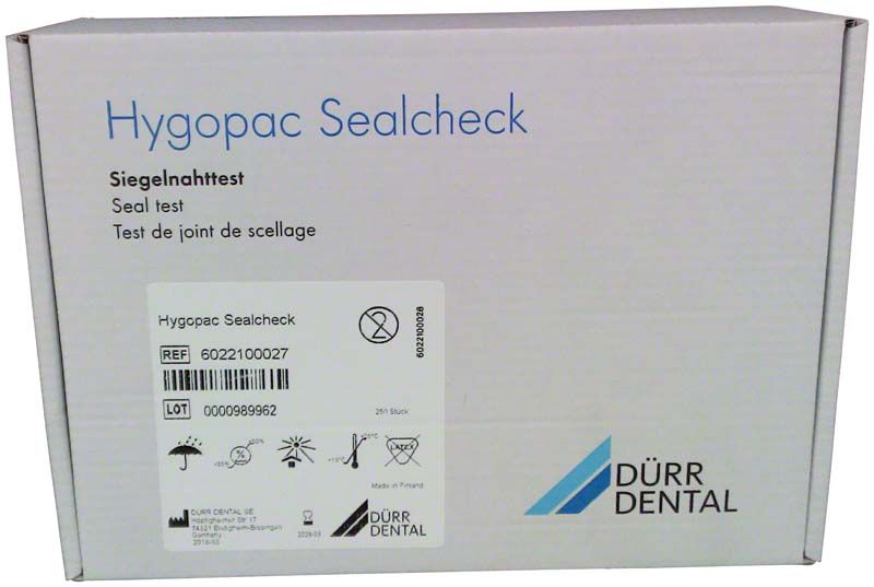Hygopac Sealcheck Verpackung mit Produktdetails und Dürr Dental Logo.
