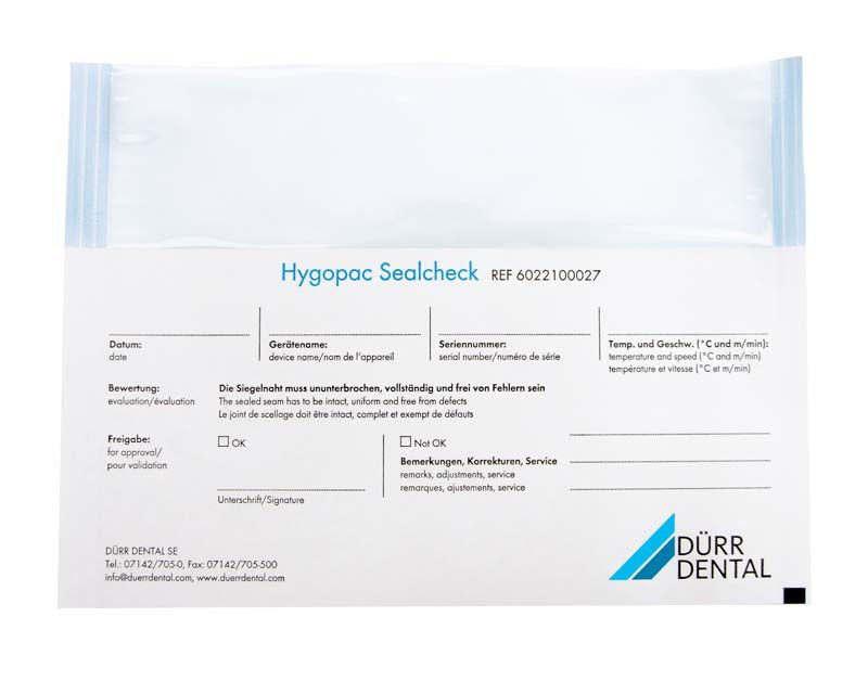 Hygopac Sealcheck Sterilgutfolie mit Dürr Dental Logo und Kontrollfeldern.