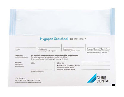 Hygopac Sealcheck Sterilgutfolie mit Dürr Dental Logo und Kontrollfeldern.