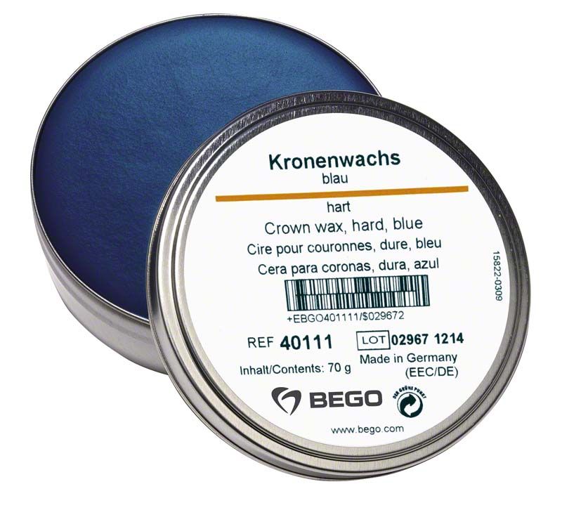 Kronenwachs hart blau in runder Metallverpackung mit Etikett.