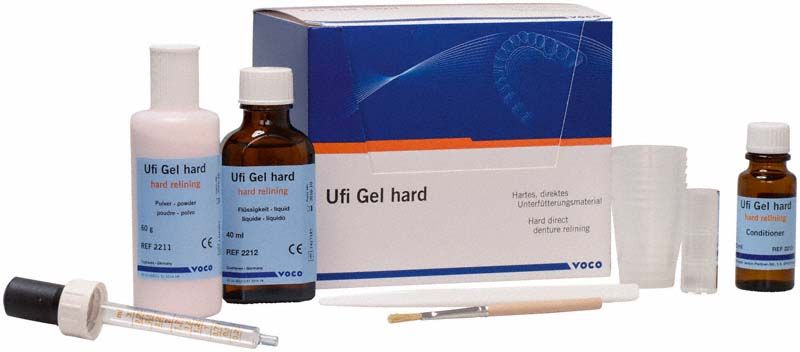 Ufi Gel® hard Set mit Flaschen, Pinsel und Zubehör für Zahnunterfütterung.