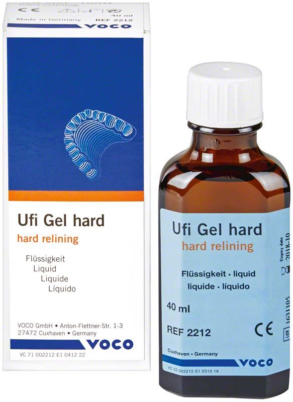 Ufi Gel hard Flüssigkeit in brauner Flasche mit Verpackung.