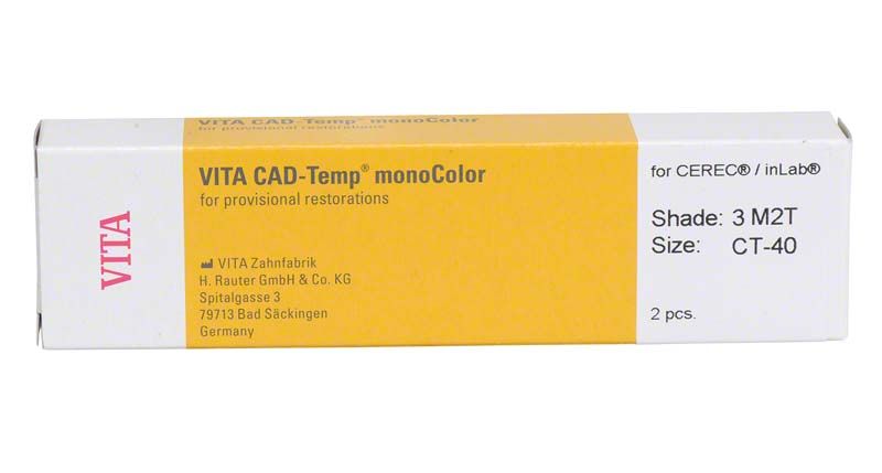 Verpackung des VITA CAD-Temp® monoColor Blocks mit Produktinformationen.