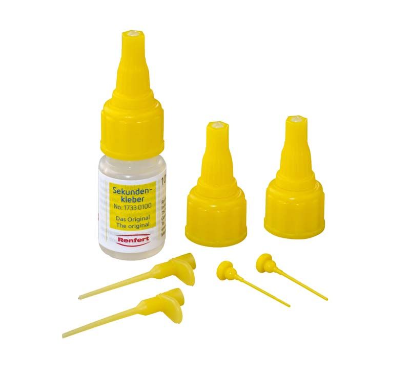 Sekundenkleber Der Universelle 10g mit gelber Verschlusskappe und Zubehör.