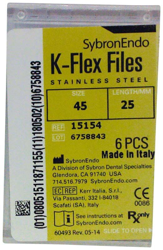 Verpackung der K-Flex Feilen 25mm ISO 045 von SybronEndo.