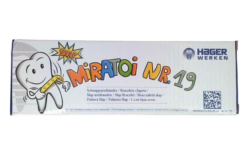 Miratoi® Nr. 19 Schnapp-Armbänder Verpackung mit buntem Zahn-Maskottchen.