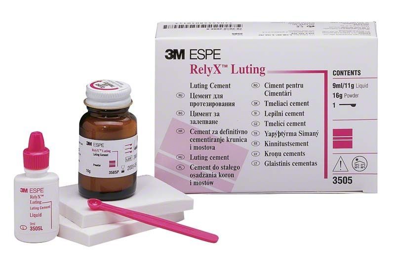 Intro-Kit des 3M RelyX Luting Hybrid-Glasionomerzements mit Verpackung und Komponenten.