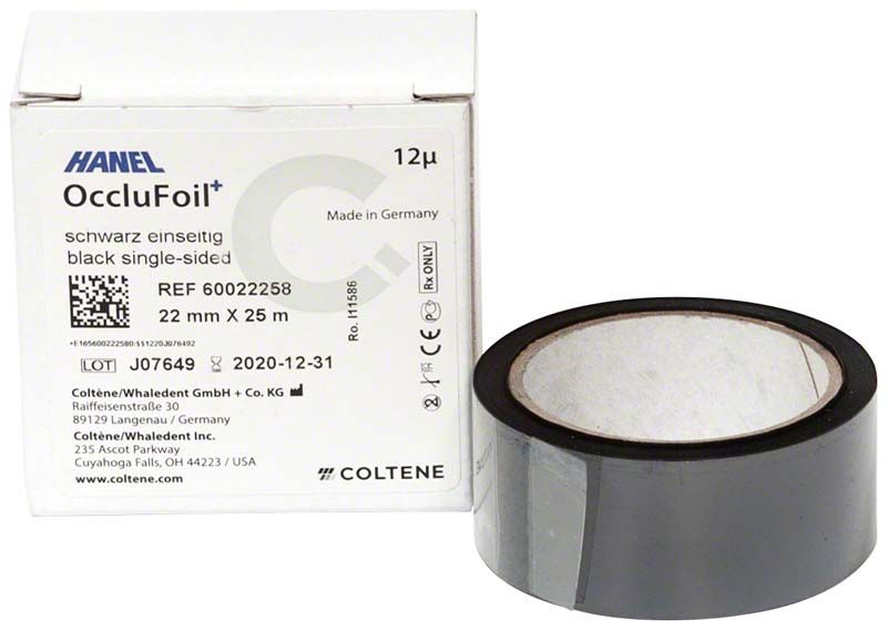 HANEL OccluFoil+ ES 12µ schwarz, Rolle und Verpackung mit Produktinformationen.