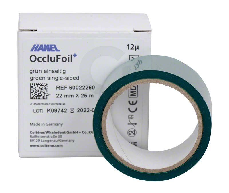 HANEL OccluFoil+ 12µ grün Rolle vor Verpackung mit Produktdetails.