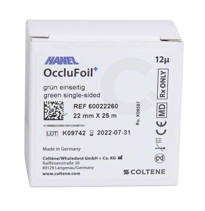 HANEL OccluFoil+ ES 12µ grün Verpackung mit Spezifikationen und Herstellerinformationen.