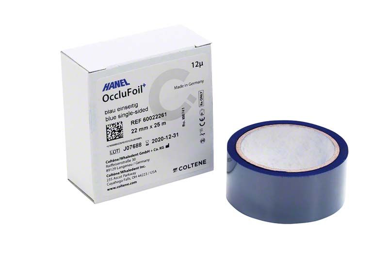HANEL OccluFoil+ ES 12µ blau, Rolle und Verpackung.