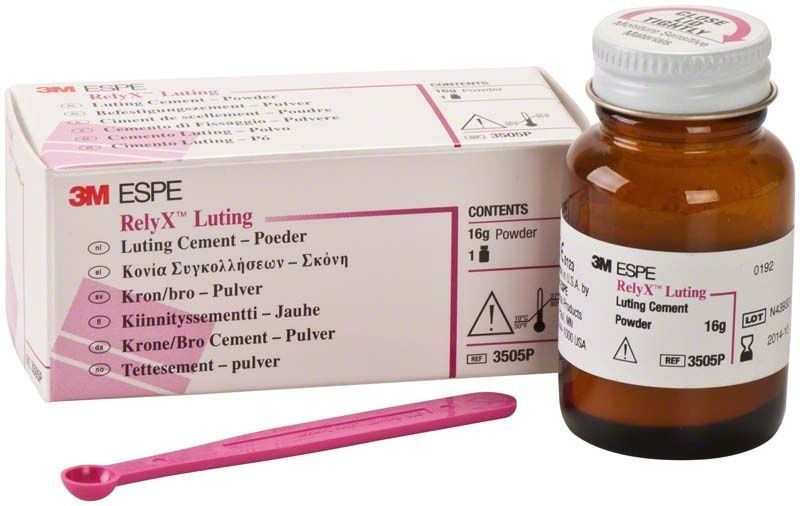 3M RelyX Luting Pulver mit Verpackung und Dosierlöffel.