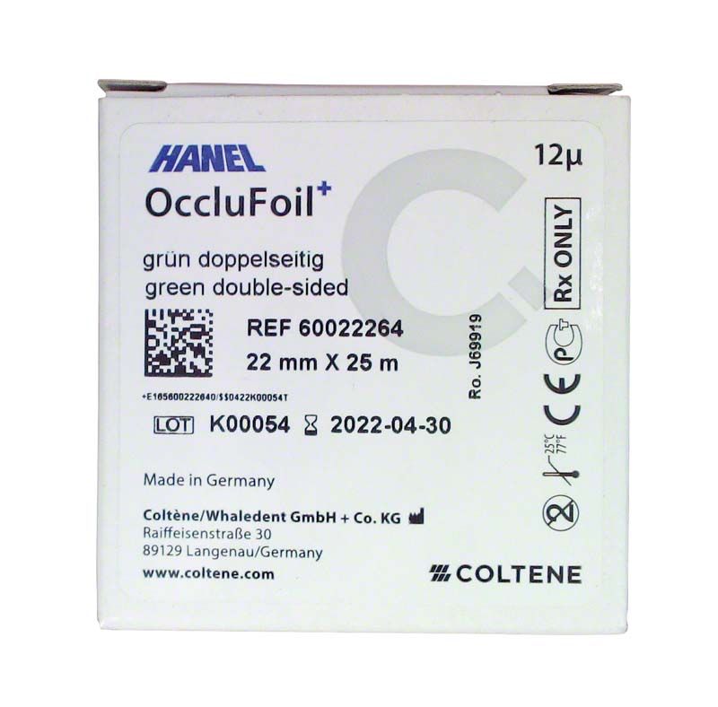 HANEL OccluFoil+ DS 12µ grün doppelseitige Okklusionsfolie Verpackung.