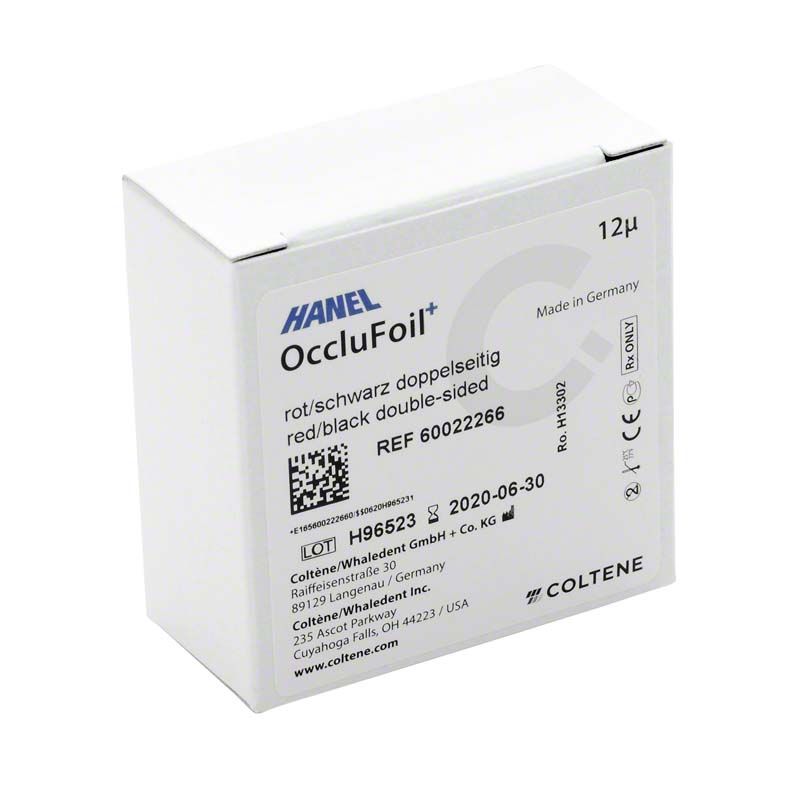 HANEL OccluFoil+ DS 12µ schwarz/rot Verpackung mit Produktspezifikationen.