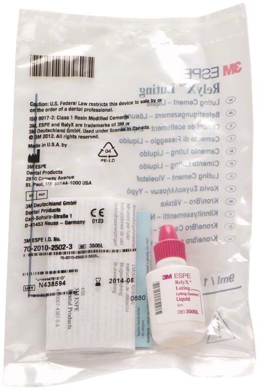 RelyX Luting Flüssigkeit in weißer Verpackung mit pinkem Verschluss.