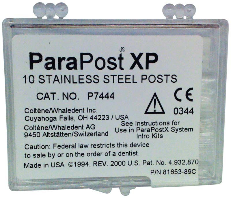 Verpackung der ParaPost® XP™ Edelstahlstifte mit Produktinformationen.