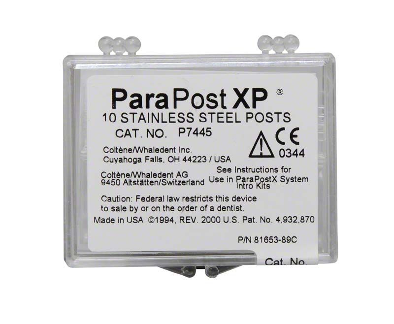 ParaPost XP Edelstahlstifte in transparenter Verpackung mit Produktinformationen.