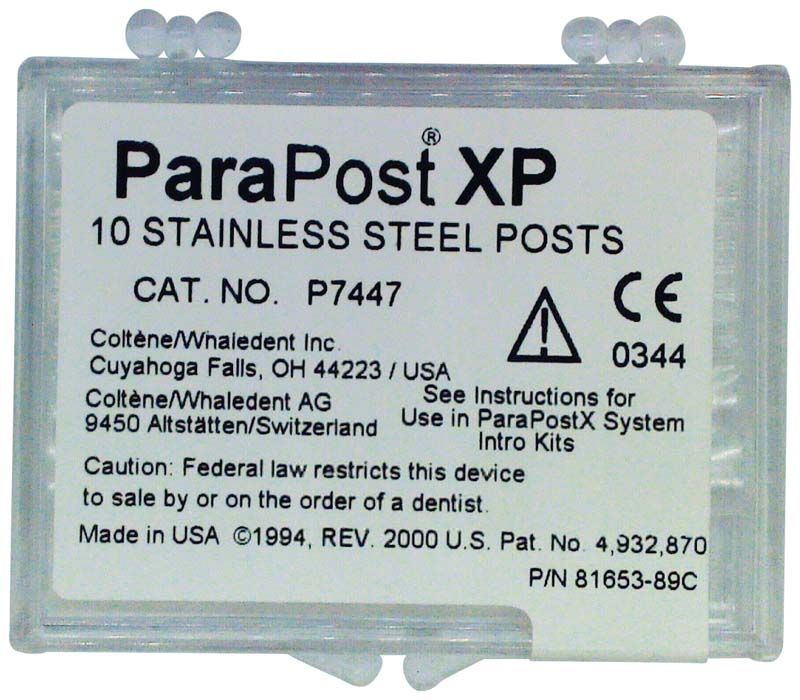 ParaPost XP Edelstahlstifte 10er Packung mit Produktinformationen auf der Verpackung.