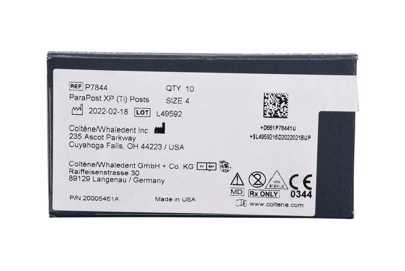 ParaPost® XP™ Titanstifte Gr. 4 in blauer Originalverpackung mit Etikettendetails.