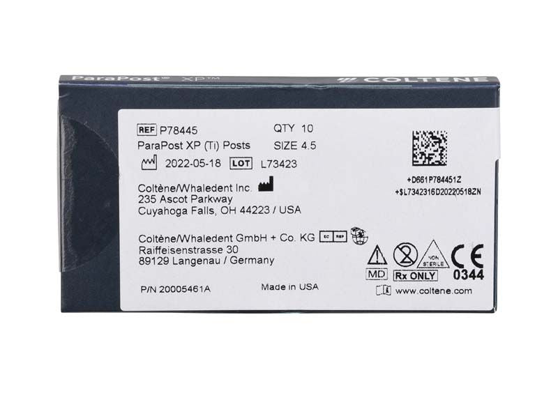 ParaPost® XP™ Titanstifte Gr. 4.5 in schwarzer Verpackung mit Produktinformationen.