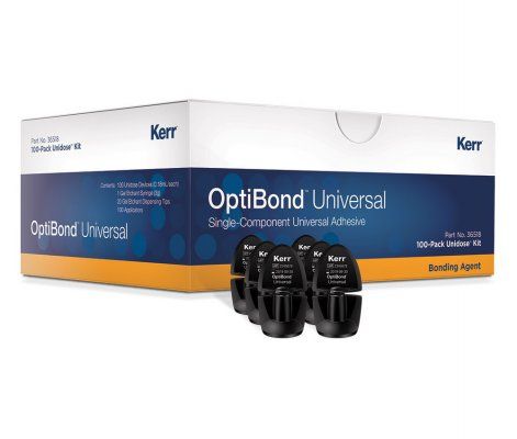 OptiBond™ Universal Unidose Kit mit Verpackung und Einzelportionen.