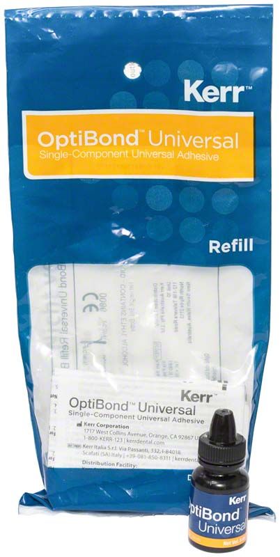 OptiBond™ Universal Nachfüllflasche mit blauer Verpackung und gelbem Etikett.