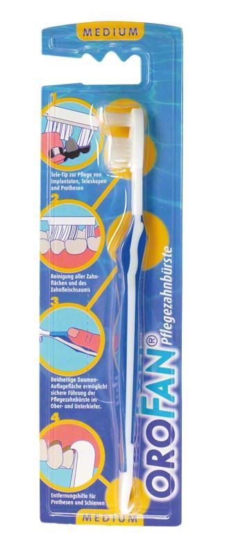 OROFAN® Pflegezahnbürste in Verpackung mit Produktinformationen und Illustrationen.