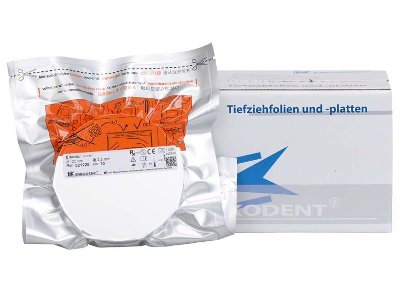 Erkodur Tiefziehfolie Ø120mm x 2,5mm mit Verpackung von Erkodent.