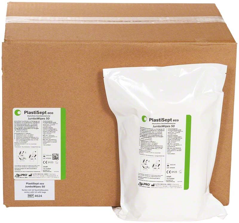 PlastiSept eco JumboWipes 50 Karton und Packung mit Desinfektionstüchern.