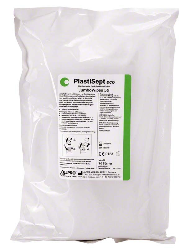 PlastiSept eco JumboWipes 50 Packung mit Desinfektionstüchern und Etikettendetails.