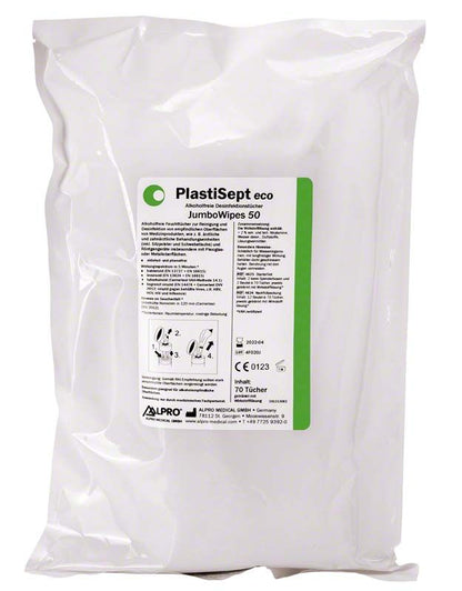 PlastiSept eco JumboWipes 50 Packung mit Desinfektionstüchern und Etikettendetails.