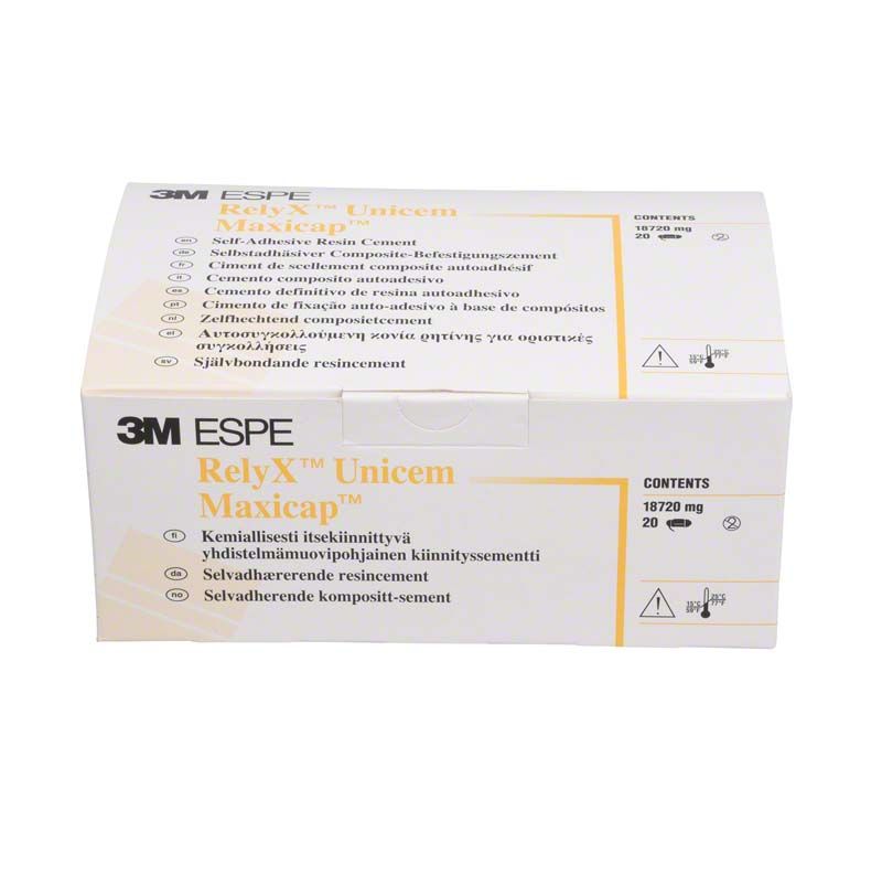 3M RelyX™ Unicem Maxicap Verpackung mit Inhaltsangaben und Produktinformationen.