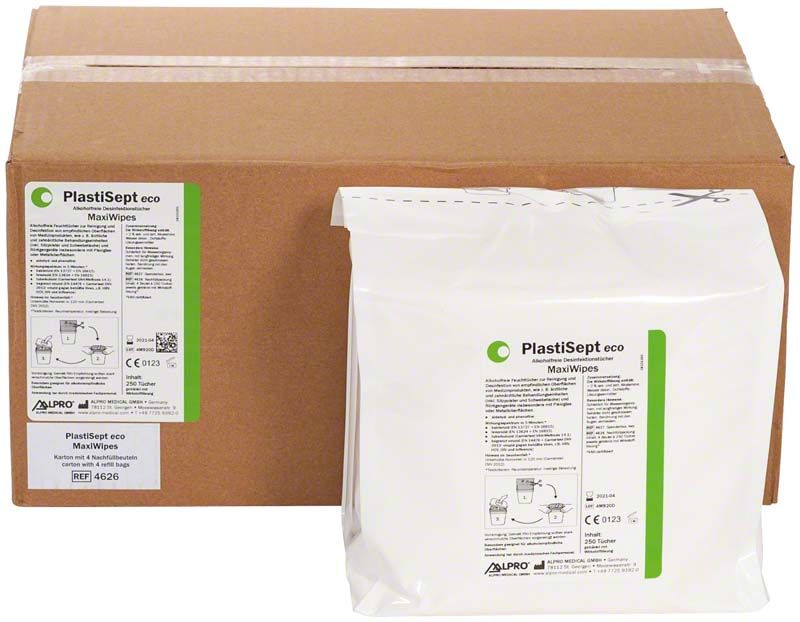 PlastiSept eco Maxi Wipes Verpackung mit Produktinformationen und grünem Design.